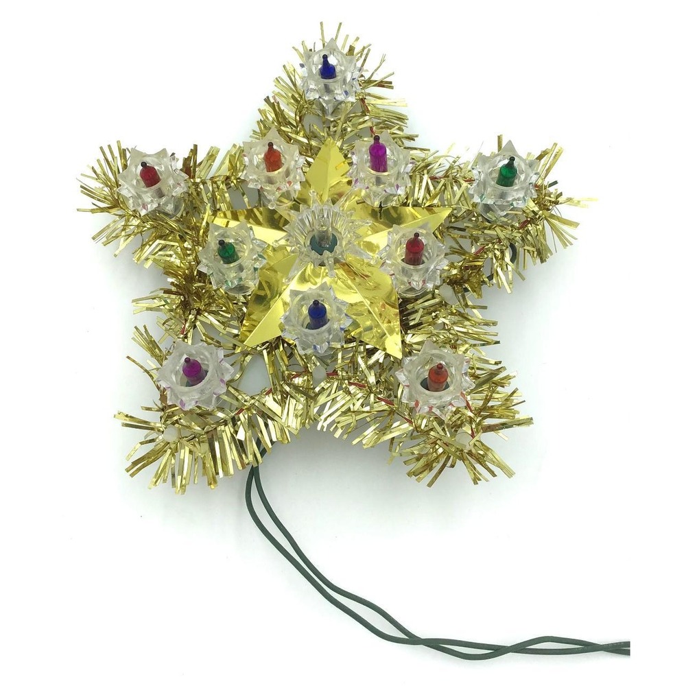 VTG Gold Tinsel Star Christmas Tree Topper 10 Multi-Color Lights 7.5" Kitschy